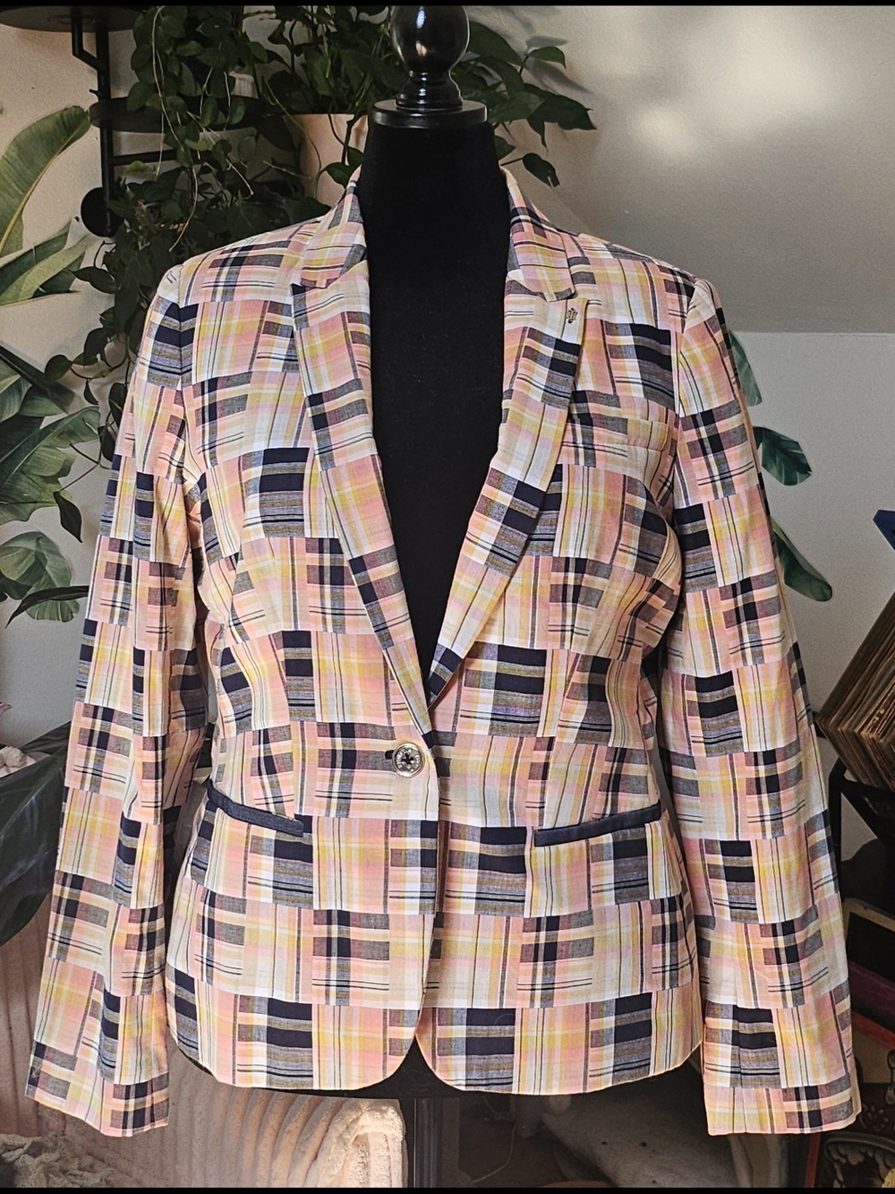 Tommy Hilfiger Pink Madras Plaid & Elbow Patch Blazer Sz16